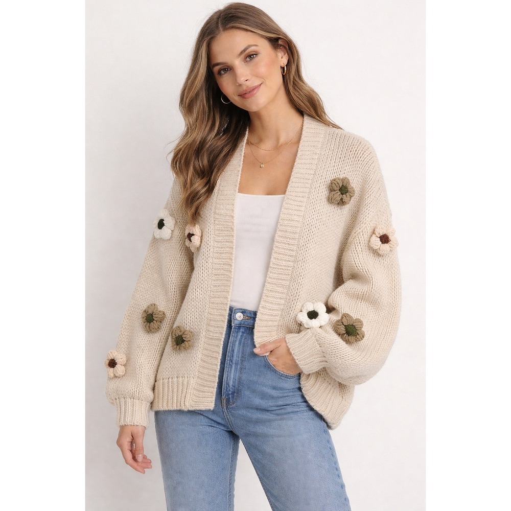 Maeve Anthropologie 3D Floral Applique Chunky Knit Cardigan Sweater Ivory OS